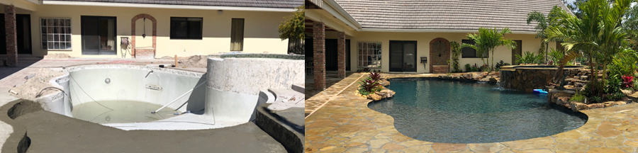 before and after images of swimming pool being remodeled